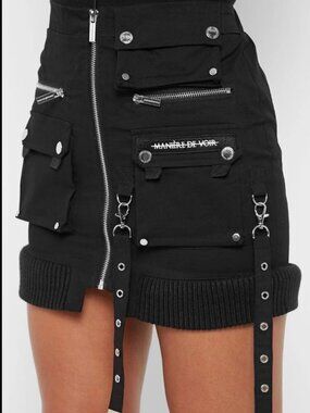 Cargo Mini Skirt with Ribbed Hem - Black
